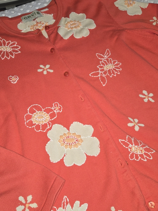 Orvis Sweaters - Vintage Orvis Women’s XL Coral Knit Sweater Cardigan Embroidered Flowers